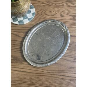Vintage Hand Etched Floral Serving Tray Oval Handmade Silver Metal Tray